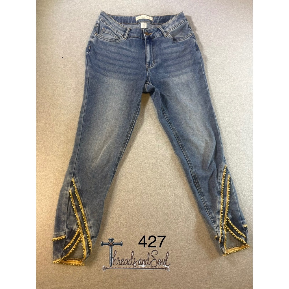 Est. 1946 Denim Womens Size 4 Mid Rise Skinny Jeans Gold Beaded Split Hem Blue